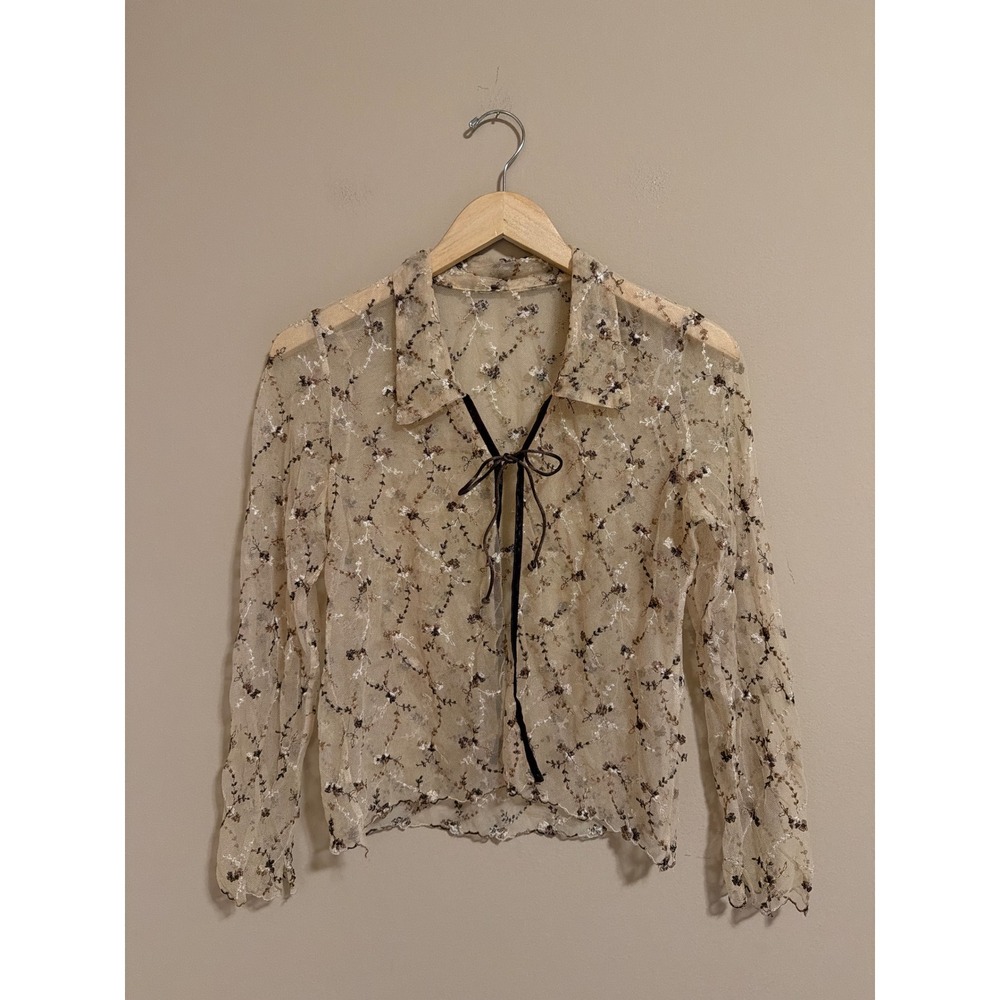 Vintage Sheer Mesh Floral Embroidered Tie Front Blouse Brown Cream Cottagecore